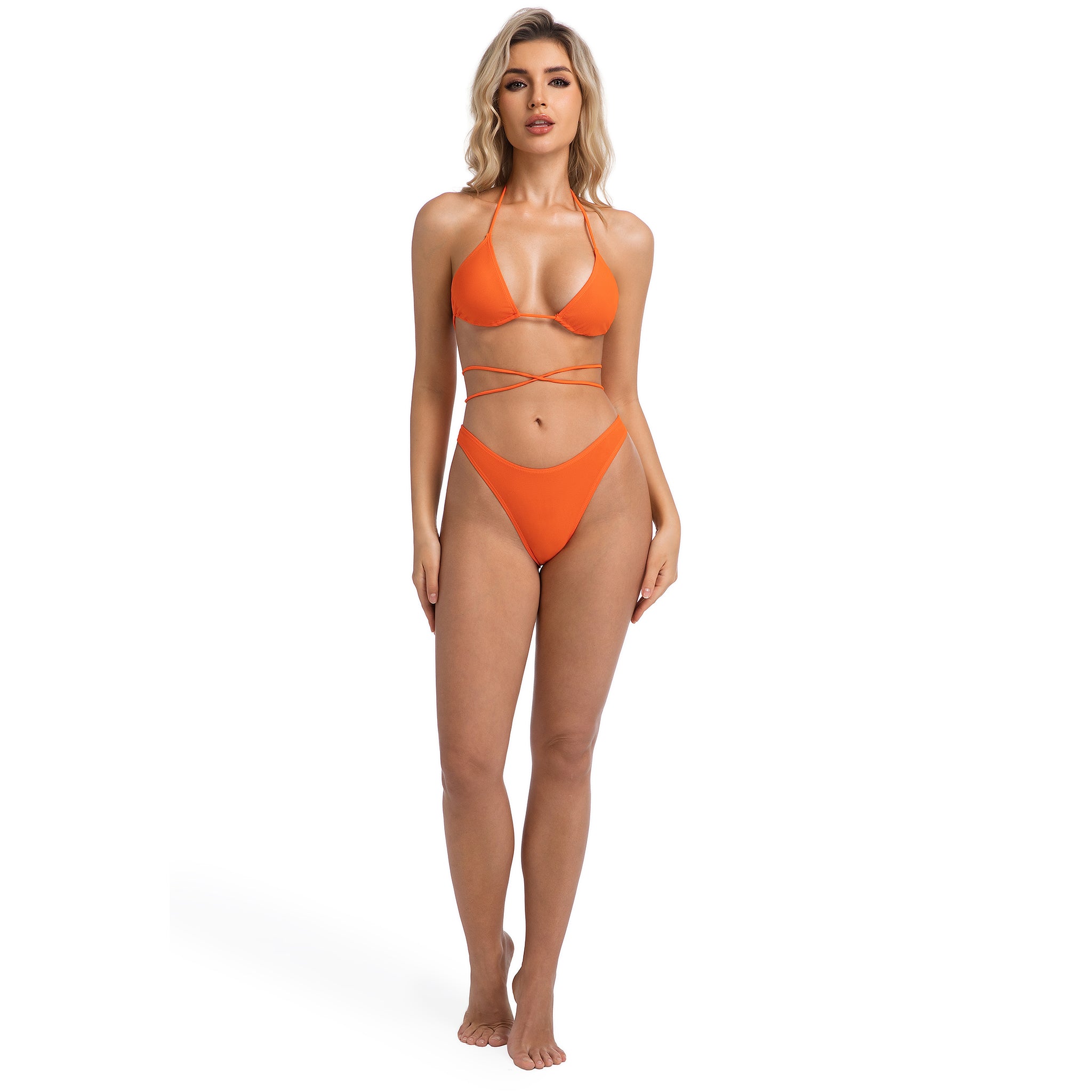 High Leg Mid-Rise Swimsuit for Women - Ribbed Orange Wrap Around Two Piece - Minimise Tan Lines Female Triangle Halter Tan Through Bikini Set
