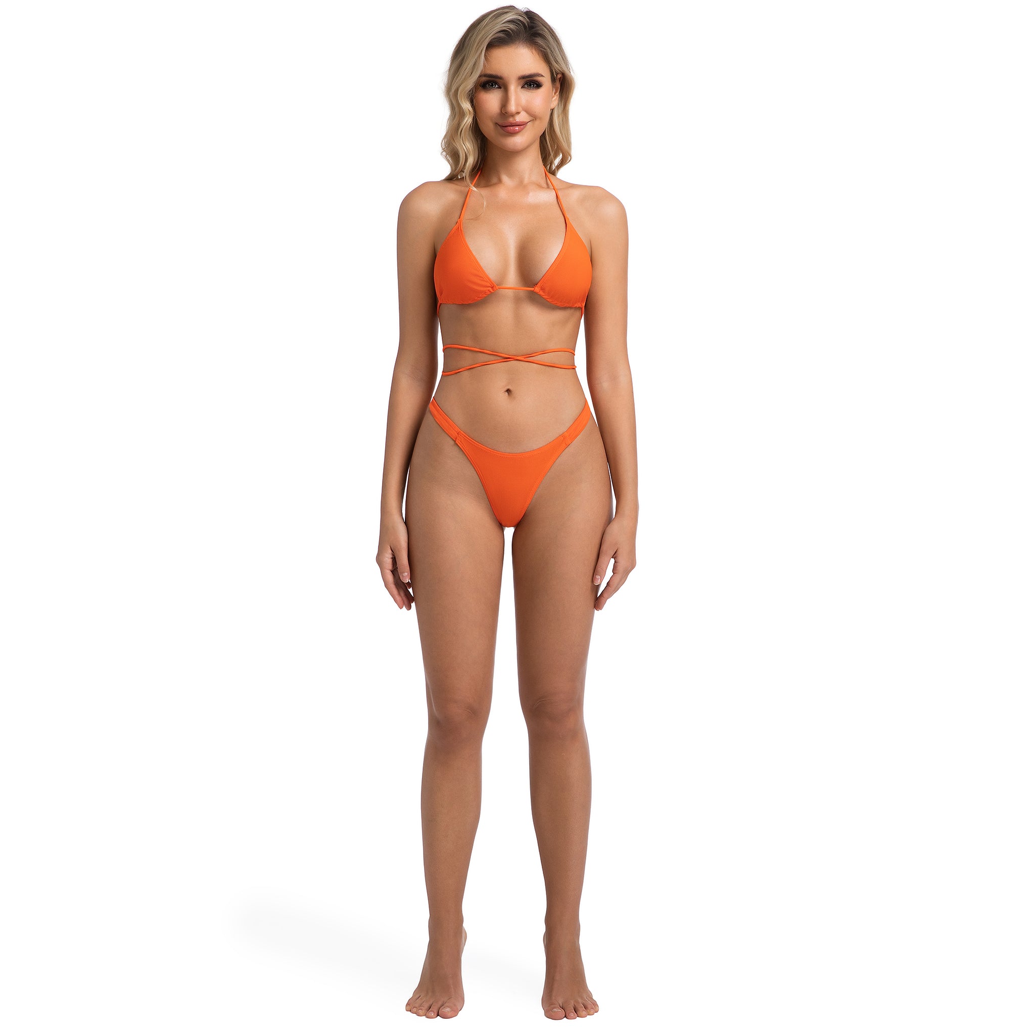 Two Piece Orange Ribbed Bikini for Women - Tan Through High Cut Ultra Cheeky Thong Swimsuit - Minimise Tan Lines Wrap Around Halter Female Bathing Suit