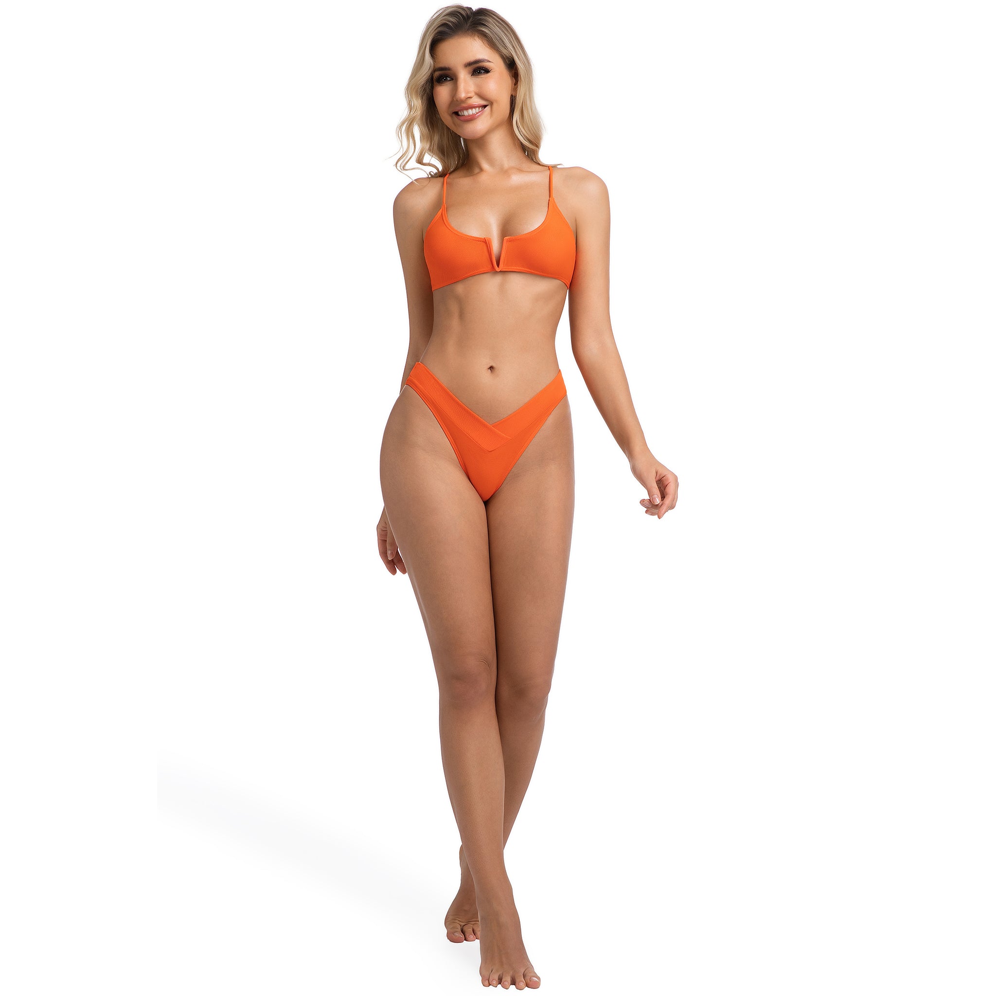 Minimise Tan Lines Ribbed Swimsuit for Women - V-Wire Spaghetti Strap Female Two Piece - Orange Tan Through Woman's V-Front High Leg Bikini Set