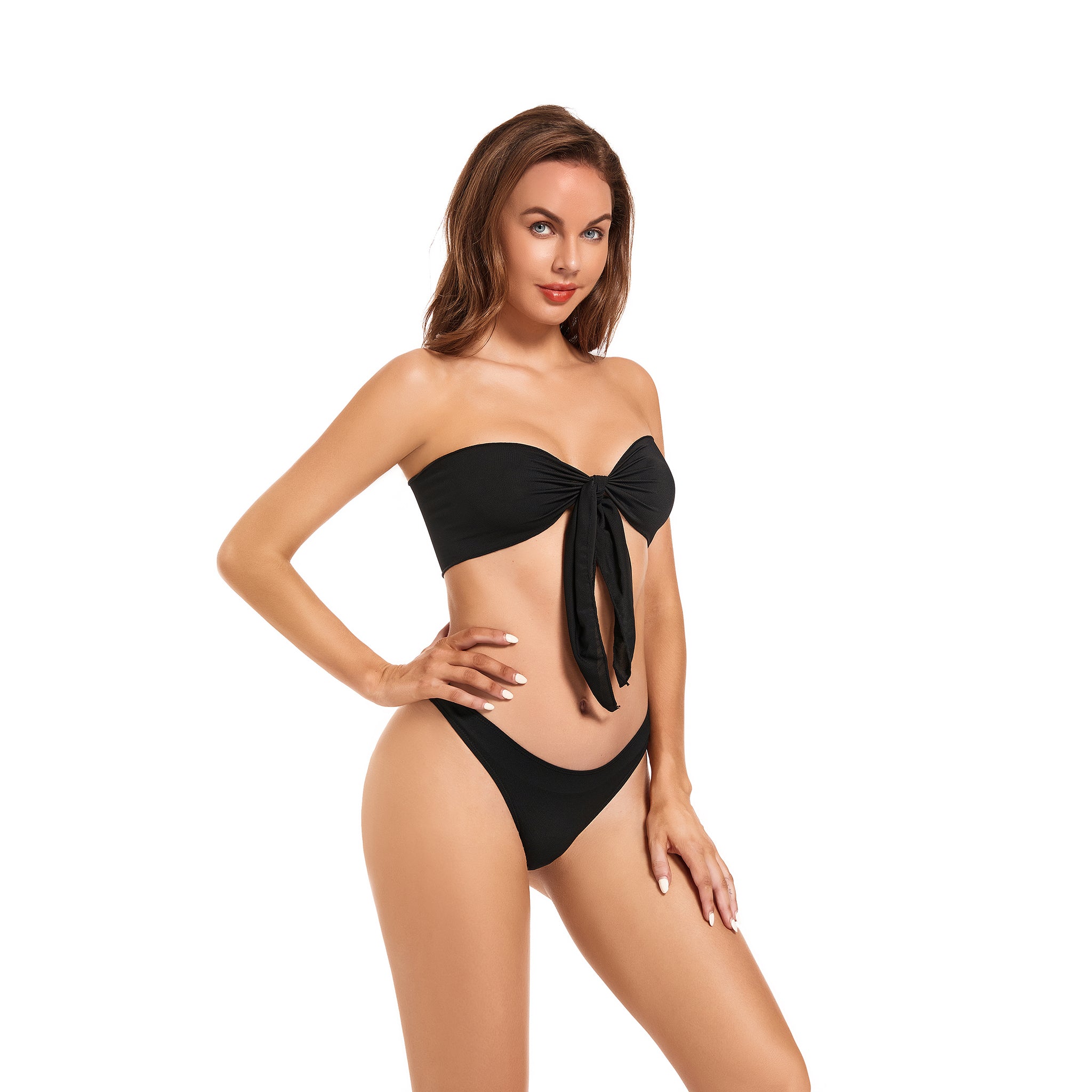 Bandeau Tan Through Bikini Set - Minimise Tan Lines UV-Permeable Swimsuit - Two Piece Strapless Fixed Bottom Sun-Filtering Bathing Suit, Onyx Black