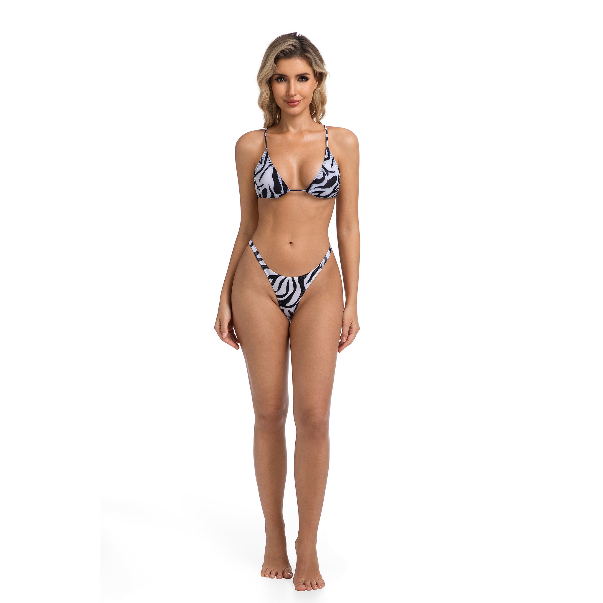 Ultra Cheeky High Leg Thong Two Piece - Swimsuit for Women Zebra Print Triangle Top - Minimise Tan Lines Tan Through Ribbed Female Bikini Set Woman's Vacation Bathing Suit