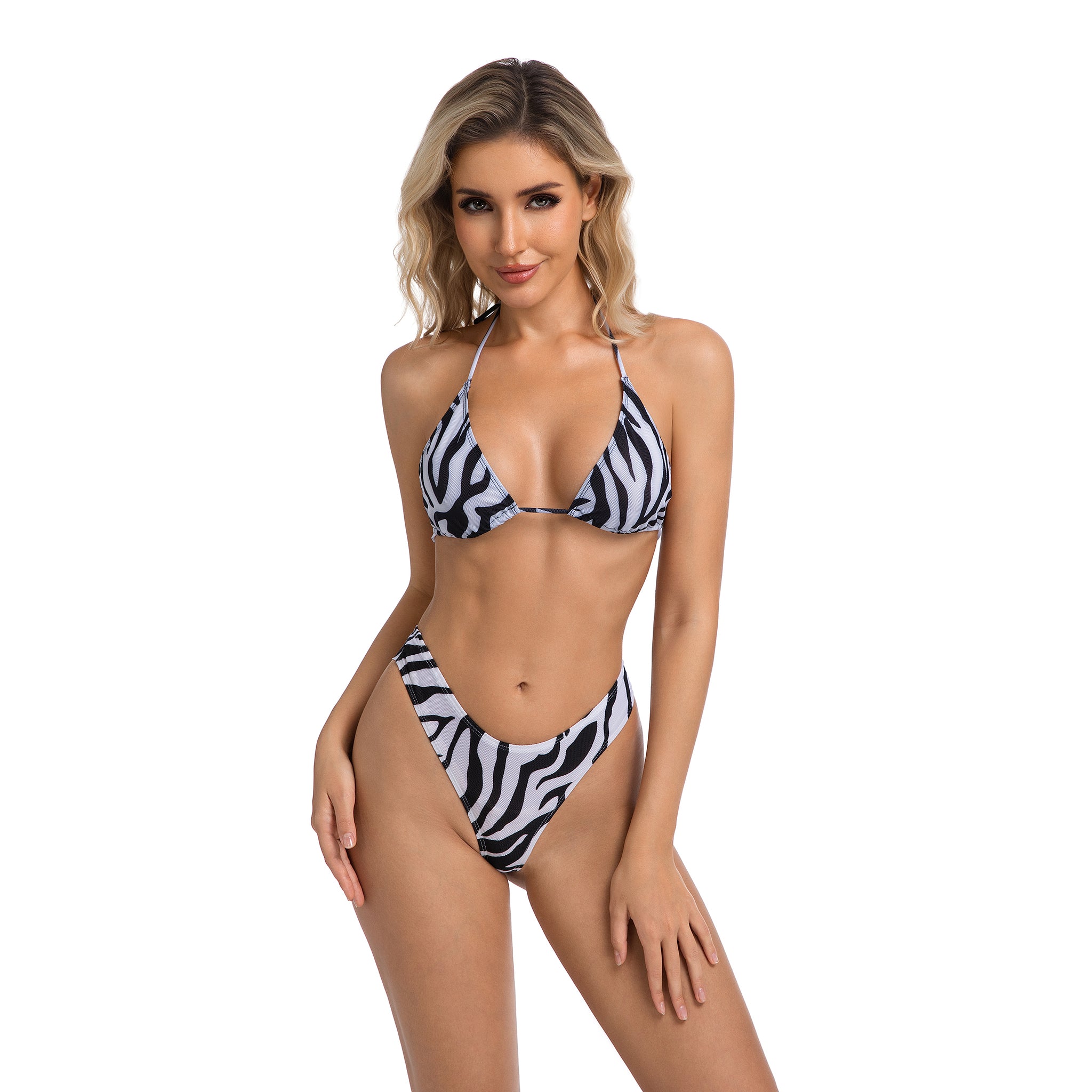 Tan Through Swimsuit for Women Zebra Print - Minimise Tan Lines Halter Triangle Top - Ultra Cheeky High Leg Thong Two Piece Ribbed Female Bikini Set Woman's Bathing Suit
