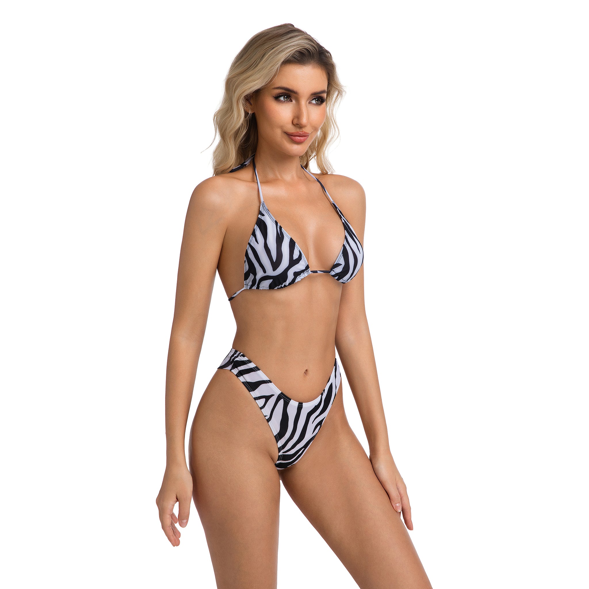 Tan Through Swimsuit for Women Zebra Print - Minimise Tan Lines Halter Triangle Top - Ultra Cheeky High Leg Thong Two Piece Ribbed Female Bikini Set Woman's Bathing Suit