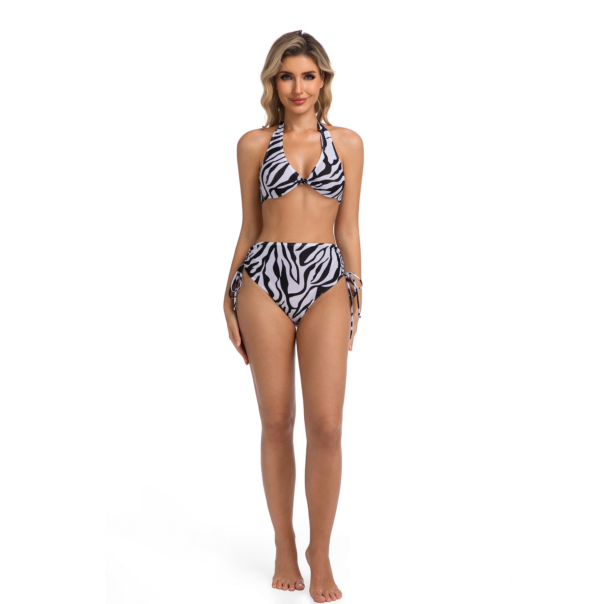 Front Knot Halter Bikini Top High-Waist Side Tie Two Piece - Zebra Print Swimsuit for Women - Ribbed Minimise Tan Lines Tan Through Female Bathing Suit Woman's Holiday Beachwear