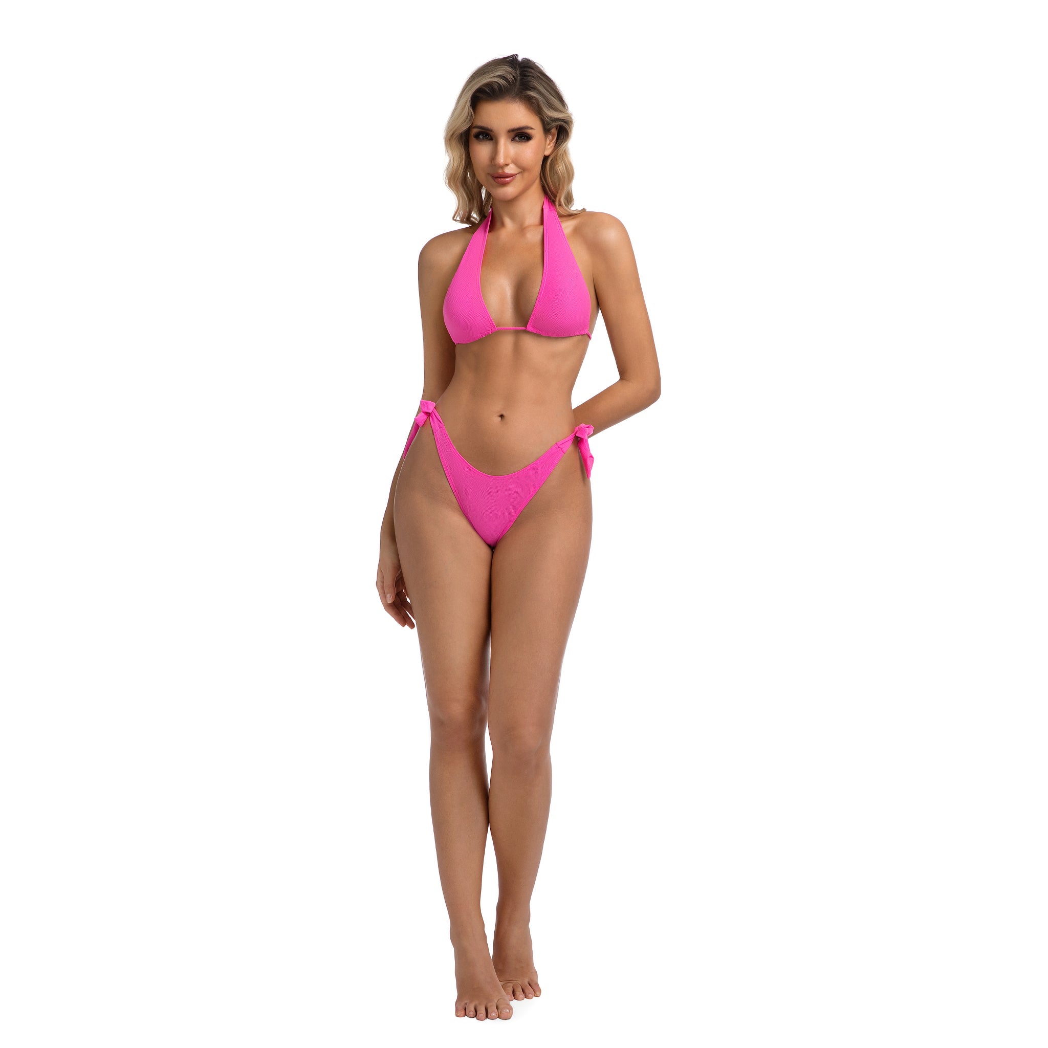 Two Piece Swimsuit for Women Cherry Red - Ribbed Halter Triangle Bikini Top Side Tie Adjustable Bow Bottom - Tan Through Minimise Tan Lines Female Bathing Suit Woman's Pool Wear