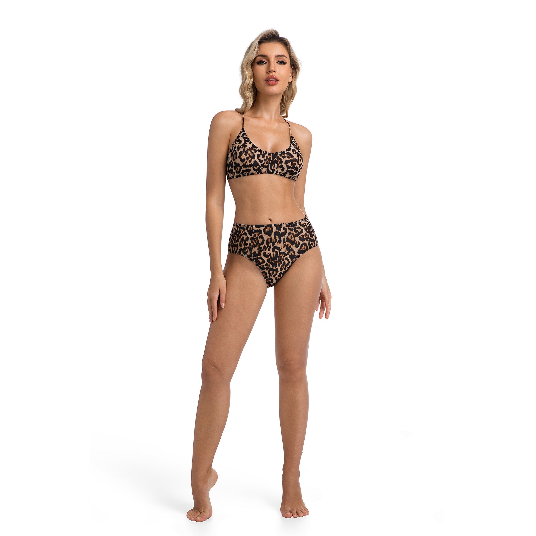 High-Waist High Leg Swimsuit for Women Leo Leopard Print - Scoop Neck Crisscross Back Top Two Piece - Ribbed Minimise Tan Lines Tan Through Female Bikini Set Woman's Vacation Bathing Suit