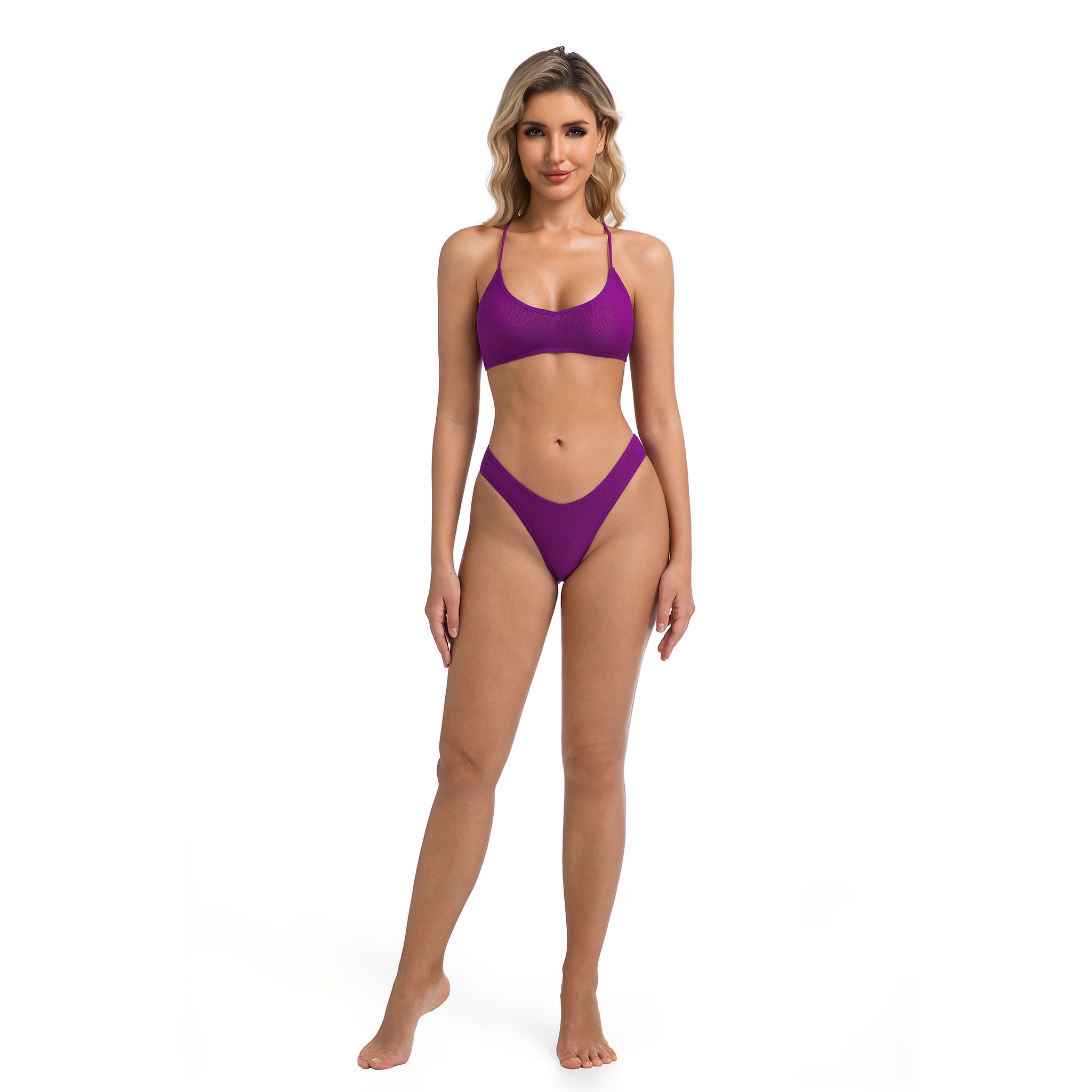 Minimise Tan Lines Tan Through Bikini Set Violet V-Front Bottom - For Women Cross Back Ribbed Two-Piece Female Solid Purple Swimsuit Woman's