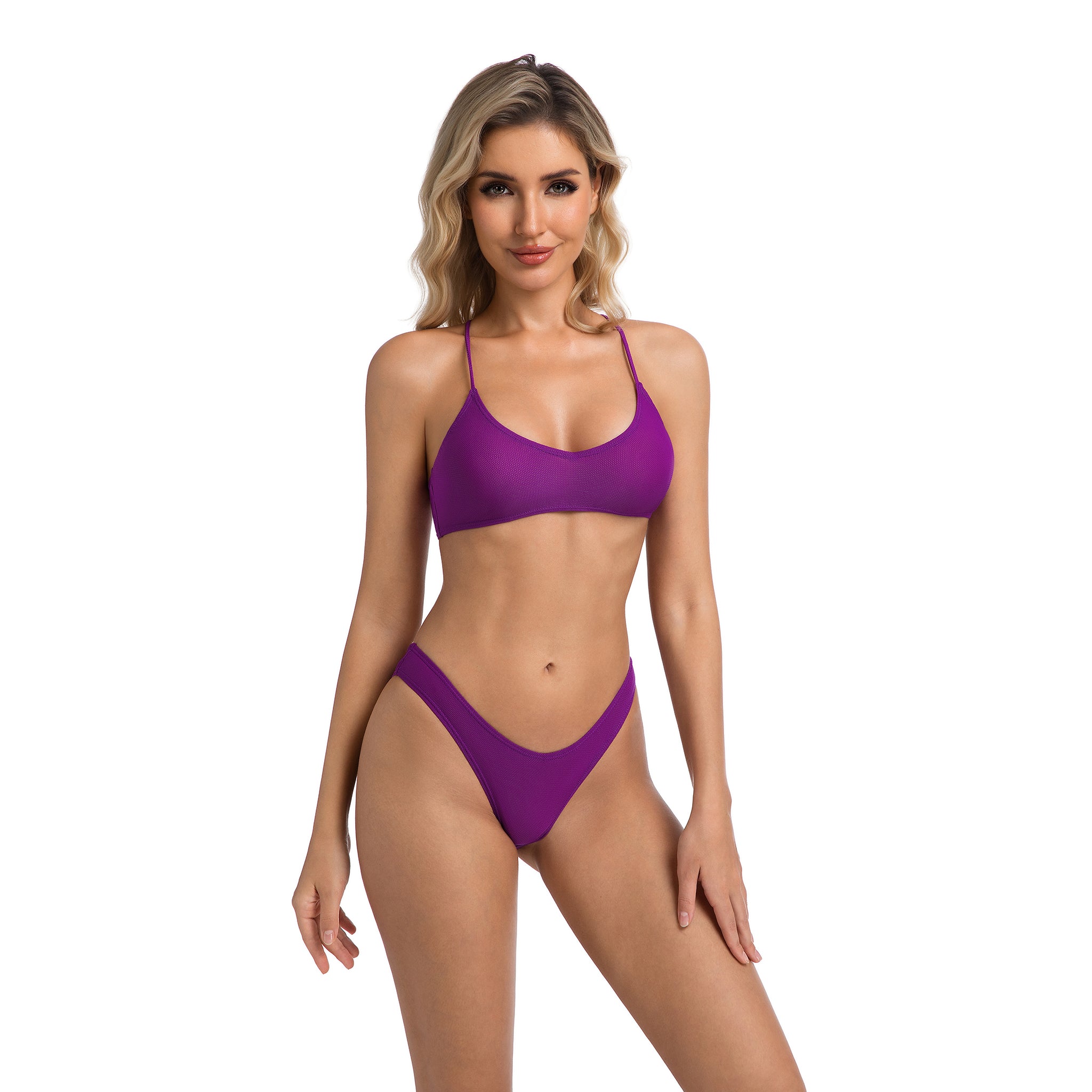 Minimise Tan Lines Tan Through Bikini Set Violet V-Front Bottom - For Women Cross Back Ribbed Two-Piece Female Solid Purple Swimsuit Woman's