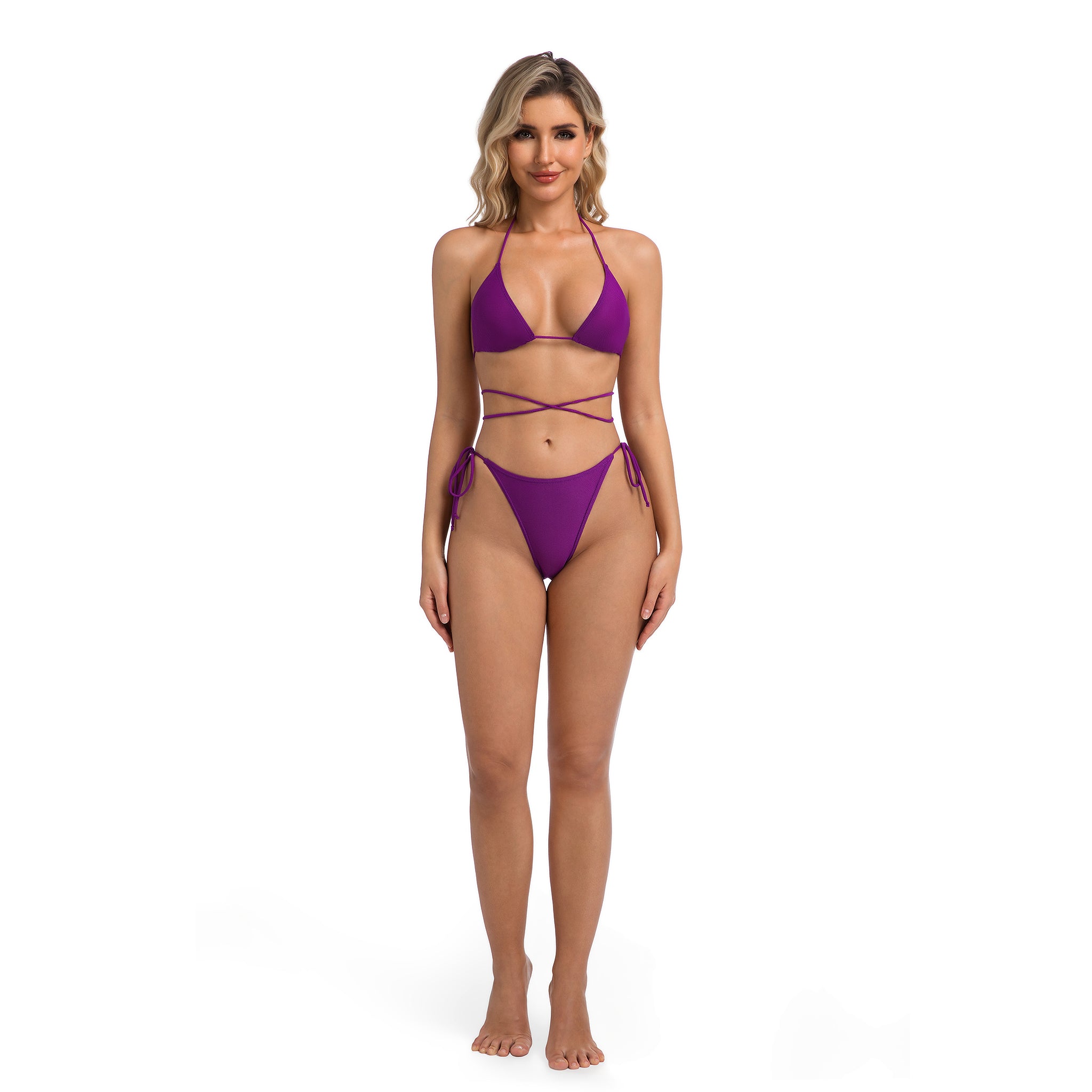 Multi-Way Wrap Bikini Set Violet - Tan Through Minimise Tan Lines Side Tie Cheeky Bottom - Two-Piece Ribbed Swimwear for Women Female Solid Purple Bathing Suit Woman's