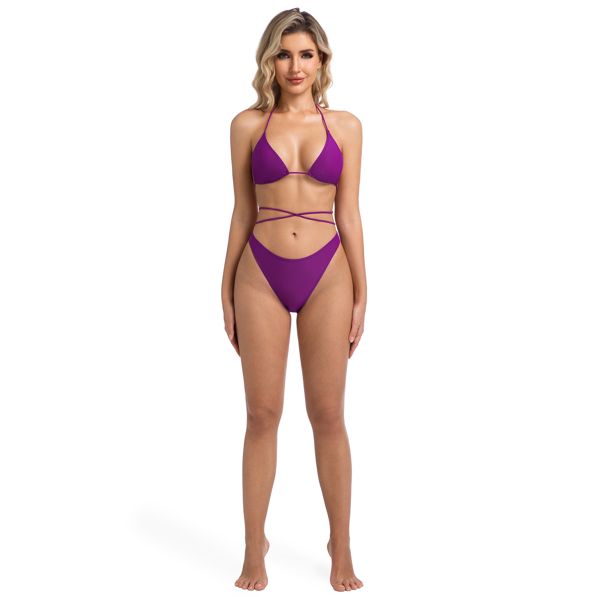 Tan Through Minimise Tan Lines Multi-Way Bikini Set Violet V-Front Bottom - Ribbed Triangle Wrap Top Two-Piece Female Swimwear Women Solid Purple Bathing Suit Woman's