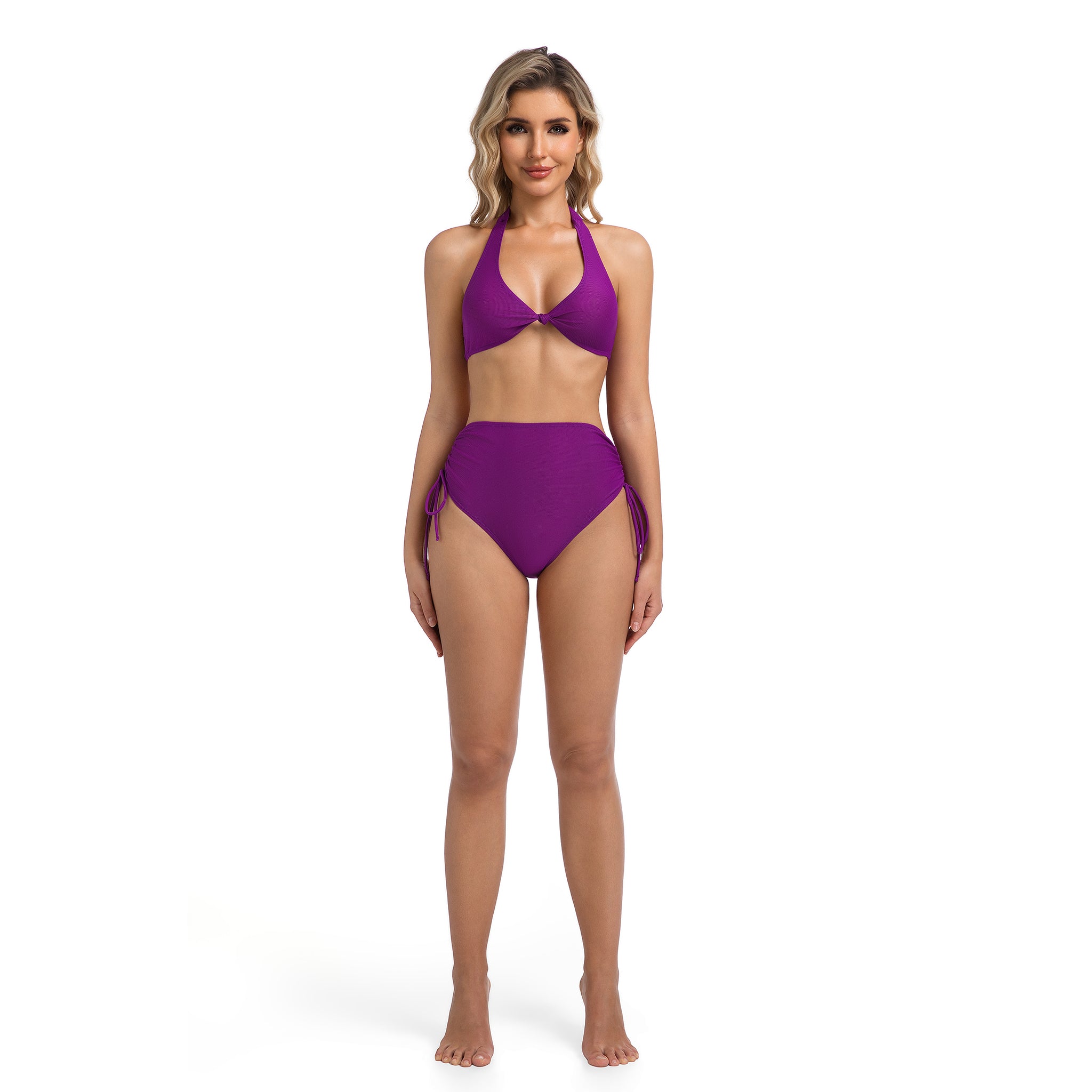 High-Waisted Ruched Bikini Set Violet - Tan Through Minimise Tan Lines Knot Front Top - Two-Piece Swimwear for Women Female Solid Purple Bathing Suit Woman's