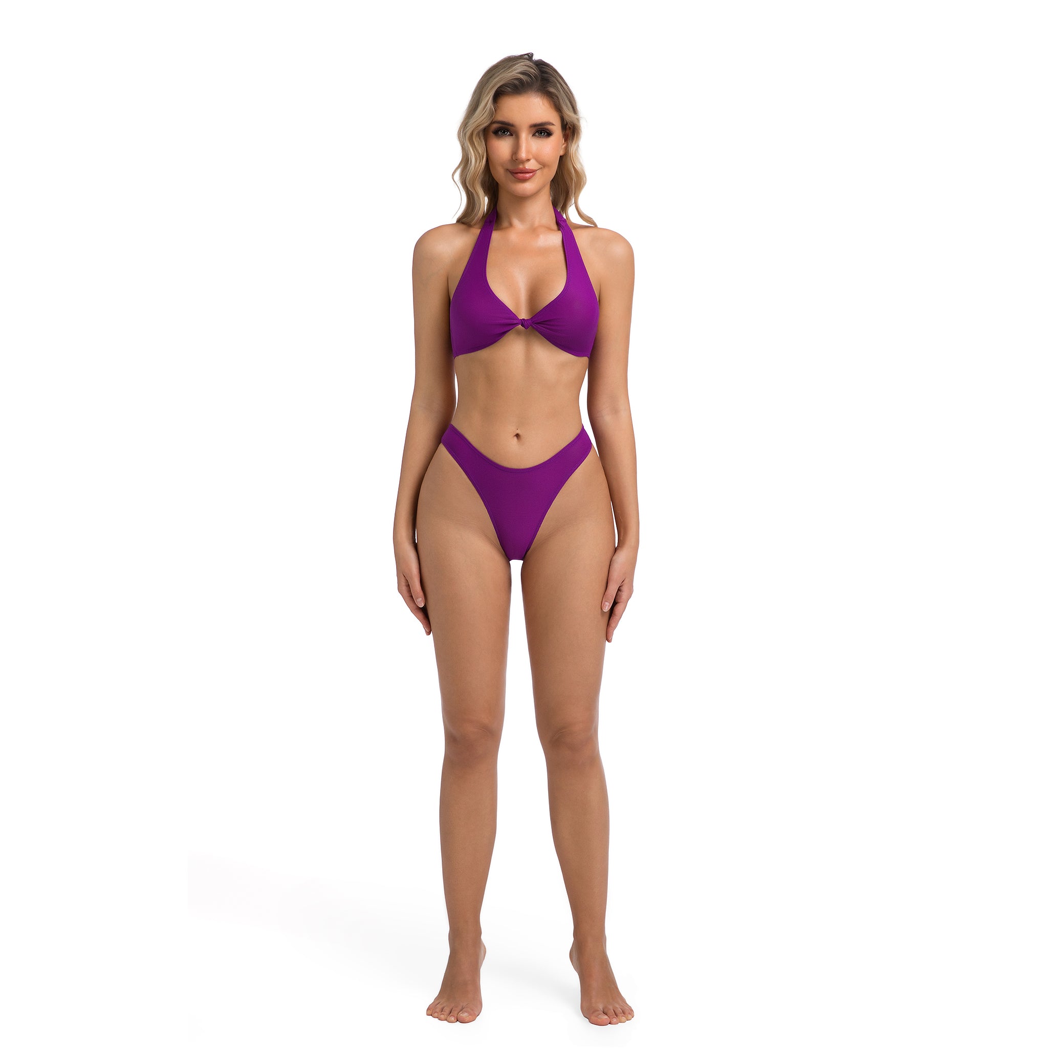 Knot Front Halter Bikini Violet - Tan Through Minimise Tan Lines V-Front Bottom - Two-Piece Ribbed Swimwear for Women Female Solid Purple Bathing Suit