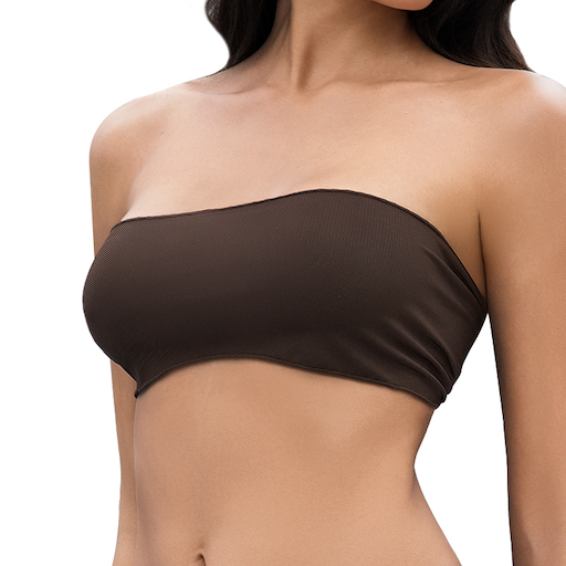 Women's Strapless Tan Through Bikini - Brown Ribbed Bandeau 2-Piece Swimwear - Minimise Tan Lines UV Permeable Woman Bow Tie Back Cheeky Bathing Suit
