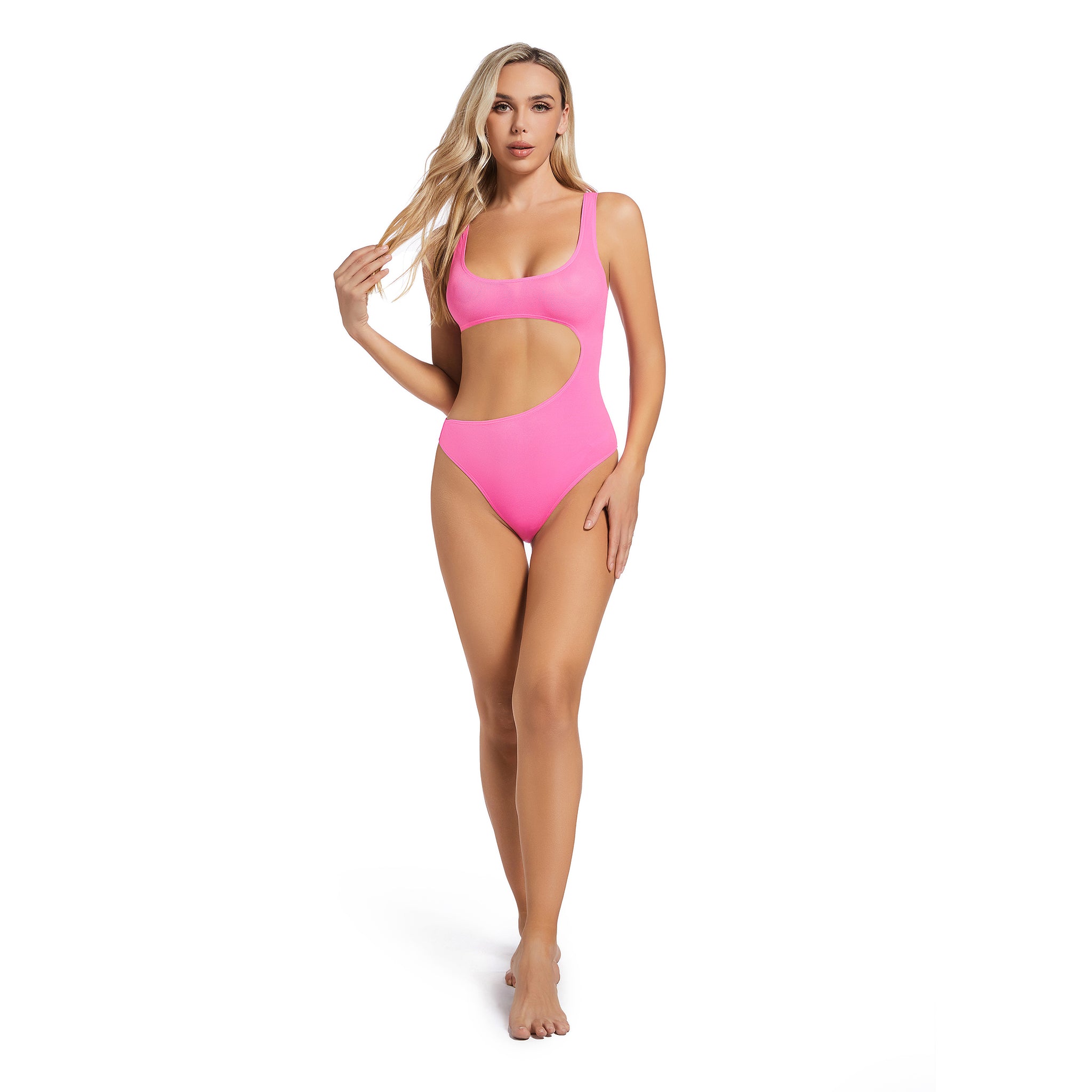 Minimise Tan Lines Pink One Piece Swimsuit for Women - Asymmetrical Cutout Female Monokini - Tan Through Ribbed U-Neck Woman's High Leg Bathing Suit